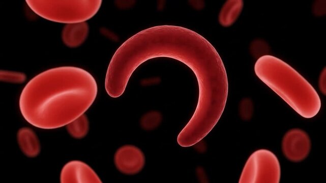 Red blood cells, including sickle cells, circulating in blood on a black background, for medical purposes