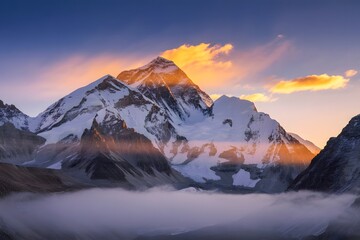 Obraz premium Majestic snow capped mountain peak illuminated by golden sunset light with dramatic clouds and mist swirling around its base during a breathtaking alpine landscape view