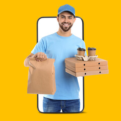 Food delivery service worker giving online order out of mobile phone display. Orange background
