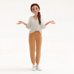 Cartoon Style 3D Girl With Braid Hairstyle Wearing White Sweater And Pants