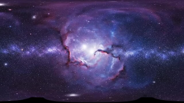 360&deg; Fantasy Nebula Space Panorama - A breathtaking 360-degree view of a vibrant fantasy nebula, showcasing swirling clouds of purple and blue gas, a bright central star, and a scattering of distant