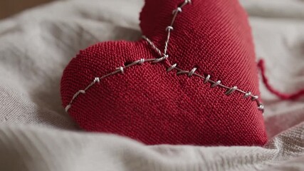 Symbolic representation of broken heart made from red textile fabric being stitched with needle and thread