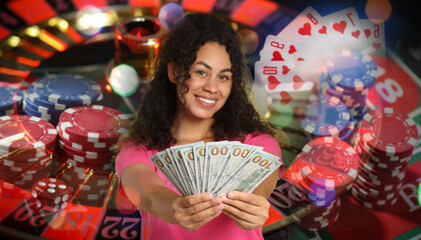 Gambler with money fan, casino chips, playing cards, dice and roulette. Banner design