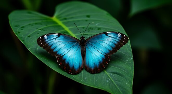 Blue Morpho Butterfly on Green Leaf.