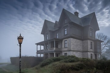 An imposing victorian mansion shrouded in mist and fog under a dramatic cloudy sky with a vintage lamppost in the foreground creating a spooky eerie atmosphere