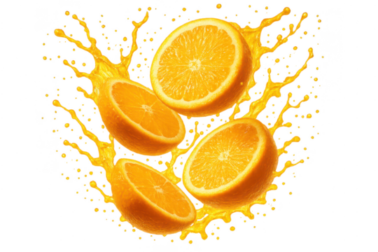 Vibrant orange halves with dynamic juice splash, isolated on transparent background