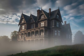 Mysterious victorian mansion shrouded in ethereal fog on a moody overcast day with dramatic clouds creating an atmospheric and spooky scene