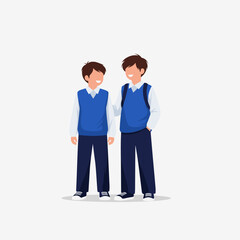 Obraz premium Two young boys standing together smiling wearing school uniforms and backpacks outdoor on a sunny day