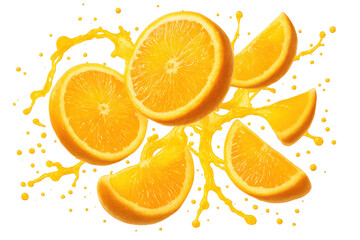 Delicious fresh orange slices and juice splashes, isolated on transparent background.