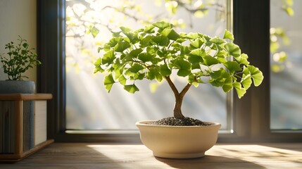 A potted ginkgo bonsai is placed indoors, with its delicate leaves and a soft background creating a tranquil atmosphere
