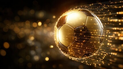 Golden soccer ball glows with digital energy, symbolizing future sports technology innovation and winning ambition