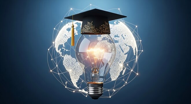 Global Education: Lightbulb with Graduation Cap and World Map Concept