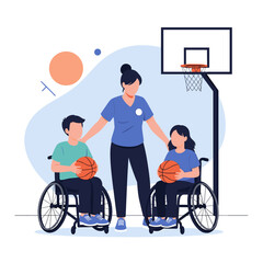Fototapeta premium Adaptive sports program fosters inclusivity and teamwork for young athletes with disabilities on basketball court