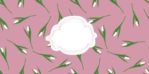 Background with hand drawn white tulips and banner. Spring, 8 march background