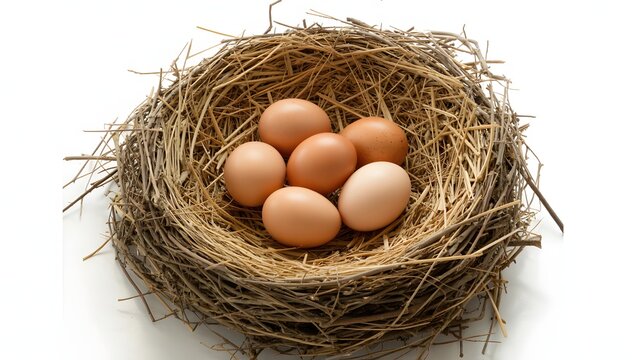 A rustic bird nest filled with six light brown chicken eggs resting on a white background creating a natural and organic scene - Powered by Adobe