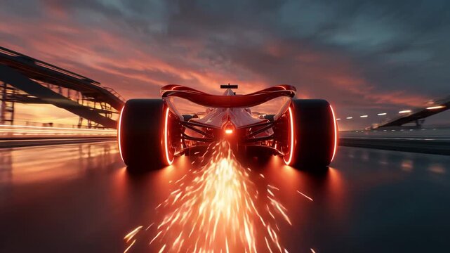 Formula race car sparks at sunset on fast track