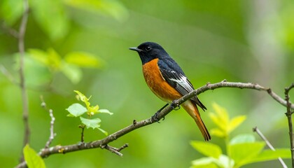 Fototapeta premium Small bird perched on a branch in a lush green forest