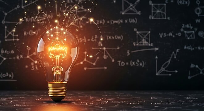 Glowing Filament Bulb with Mathematical Equations and Diagrams on Blackboard Background - Powered by Adobe