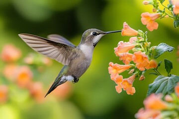 Naklejka premium A hummingbird flutters among the flowers, its tiny form and rapid wings appearing particularly lively in the sunlight