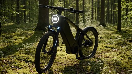 Futuristic Electric Bike in Forest - A sleek, black electric bicycle with illuminated headlights is parked on a mossy forest floor. Sunlight filters through the trees, creating a dappled light effect. - Powered by Adobe