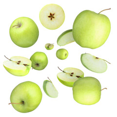 Fresh green apples swirling in air against white background