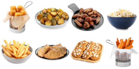 Collection of different foods with crispy texture on white background