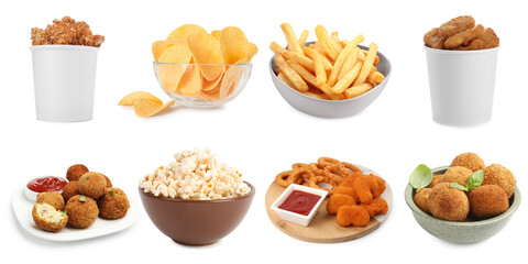 Collection of different foods with crispy texture on white background