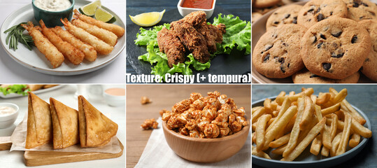 Collection of different foods with crispy texture, collage
