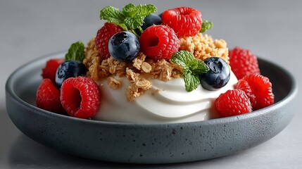 A colorful bowl of creamy yogurt topped with crunchy granola, fresh berries, and fragrant mint leaves, perfect for a nutritious breakfast or a healthy snack.