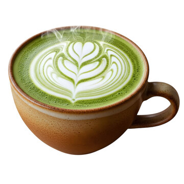 A steaming cup of matcha latte with intricate foam art in a ceramic mug