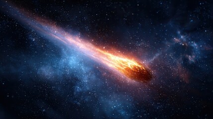 Obraz premium Fiery meteor streaks through vast, star-filled cosmos igniting wonder and cosmic awe