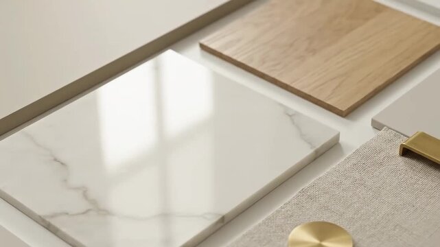 Neutral Kitchen Mood Board: Marble, Wood, and Brass - Flat lay showcasing a stylish kitchen mood board with samples of marble, light wood, brass hardware, and neutral fabrics.