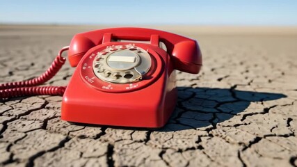 Vintage red rotary phone on parched desert landscape under clear blue sky - Powered by Adobe
