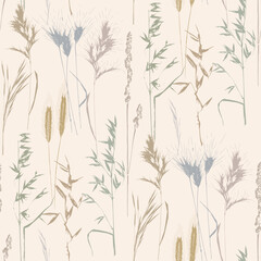 Cute floral seamless pattern with silhouettes of meadow wild herbs flowers. Flower vector illustration background. Print in rustic vintage style, textile or wallpapers.