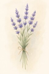 Fototapeta premium Delicate watercolor bouquet of lavender flowers tied with rustic twine, soft beige background, calm natural tones, perfect for botanical designs, wellness, or floral-themed projects.