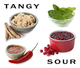Food products with sour or tangy taste isolated on white, set