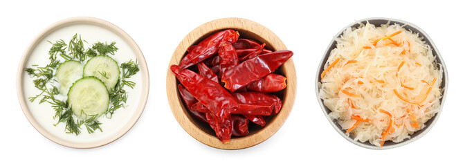 Foods with sour or tangy taste isolated on white, set. Top view