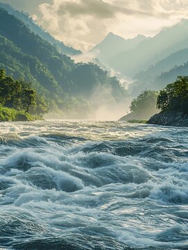 The river rushes ceaselessly, with surging waves