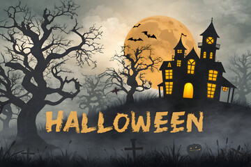 A spooky halloween scene featuring a haunted house, bats, and a full moon on a foggy night sky