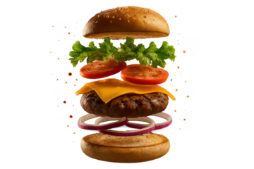Appetizing burger components floating, isolated on transparent background