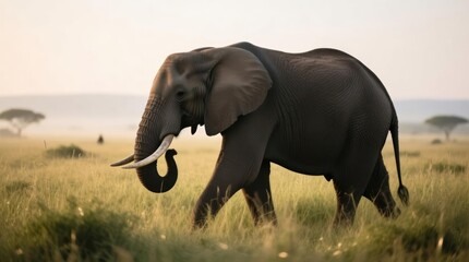 Fototapeta premium Majestic African elephant strolls through golden savanna at dawn