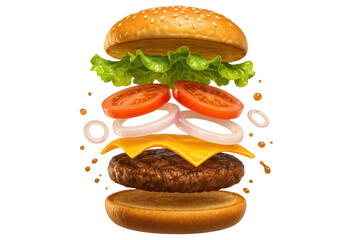 Gourmet burger with floating components isolated on a transparent background.