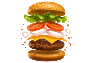 Gourmet burger with floating components isolated on a transparent background.