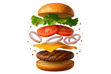 Dynamic cheeseburger ingredients exploding, isolated on transparent background