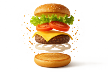 Exploding burger with fresh ingredients isolated on transparent background