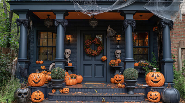 Halloween decorated house with pumpkins, jack o lanterns and autumn leaves on porch and steps, festive outdoor fall holiday decoration