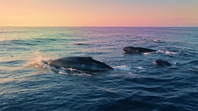 Whale Quartet at Sunset - Four whales gracefully swim through the ocean during a vibrant sunset. The whales are partially submerged, creating a dynamic scene of wildlife in their natural habitat.