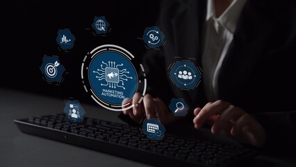 Marketing automation diagram showcase AI-driven campaign workflow, highlight marketing automation, data-driven strategy, marketing automation tools, and market automation process in business. Muxer