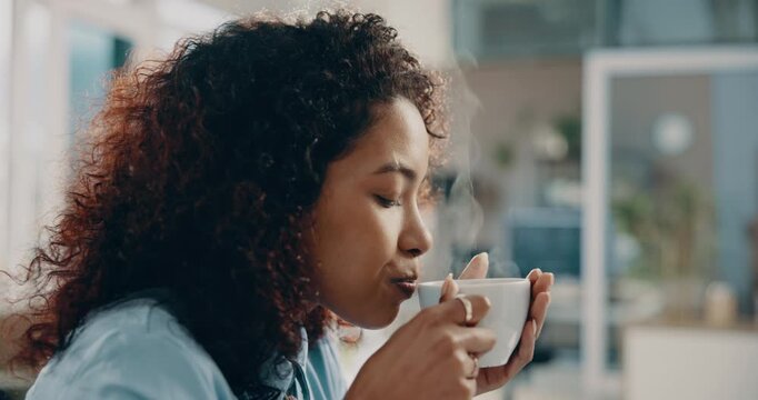 Aroma, drinking coffee and business woman in office for break, calm and peace with scent. Tea, smell and employee with hot beverage, steam and blow cup with espresso or latte to relax in workplace