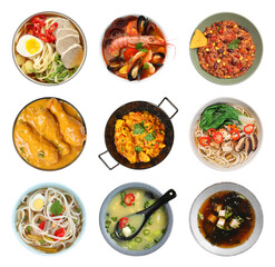 Different dishes with savory taste isolated on white, set. Top view